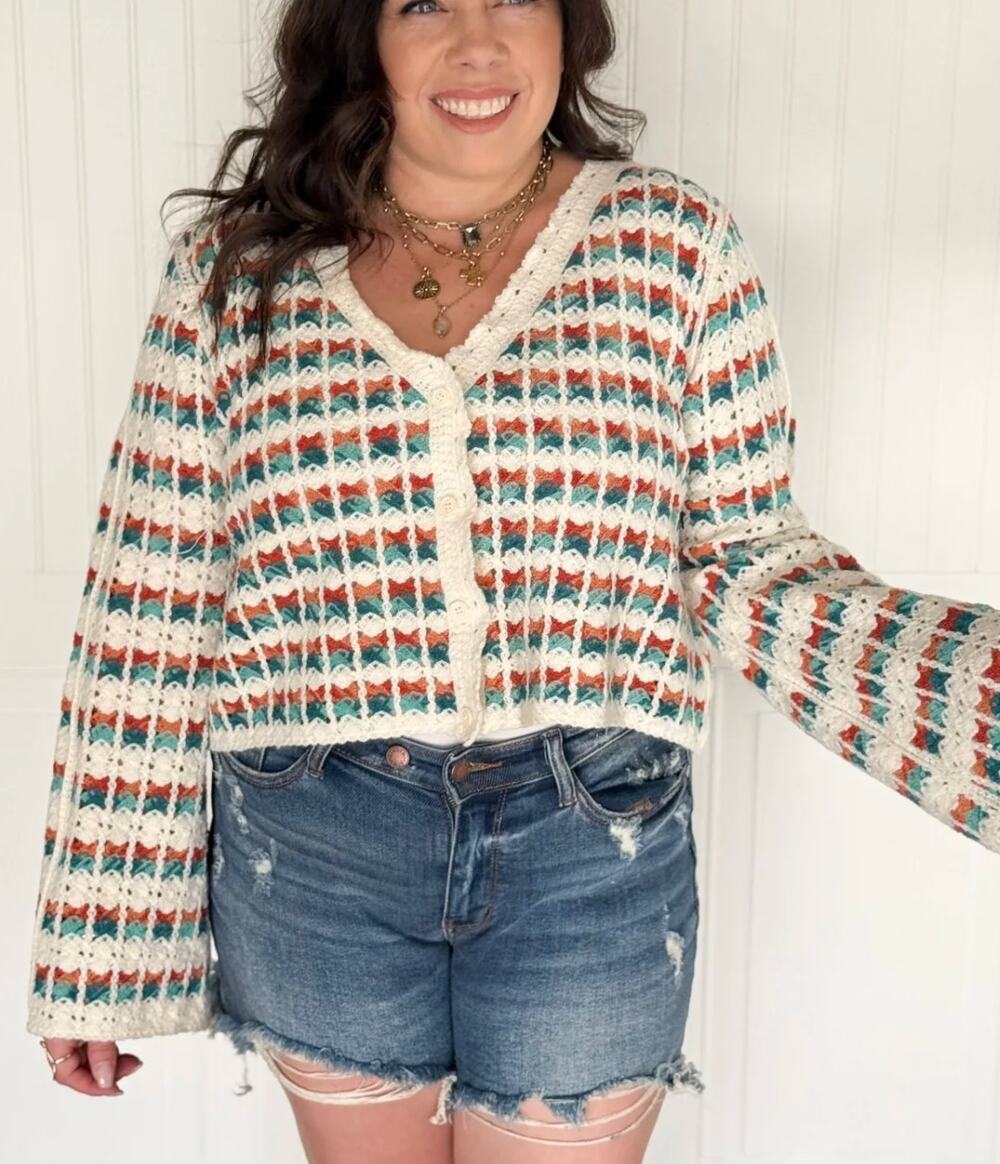 POL Crochet Cardigan Medium Boho Stripe Knit Sweater Cream Teal Rust